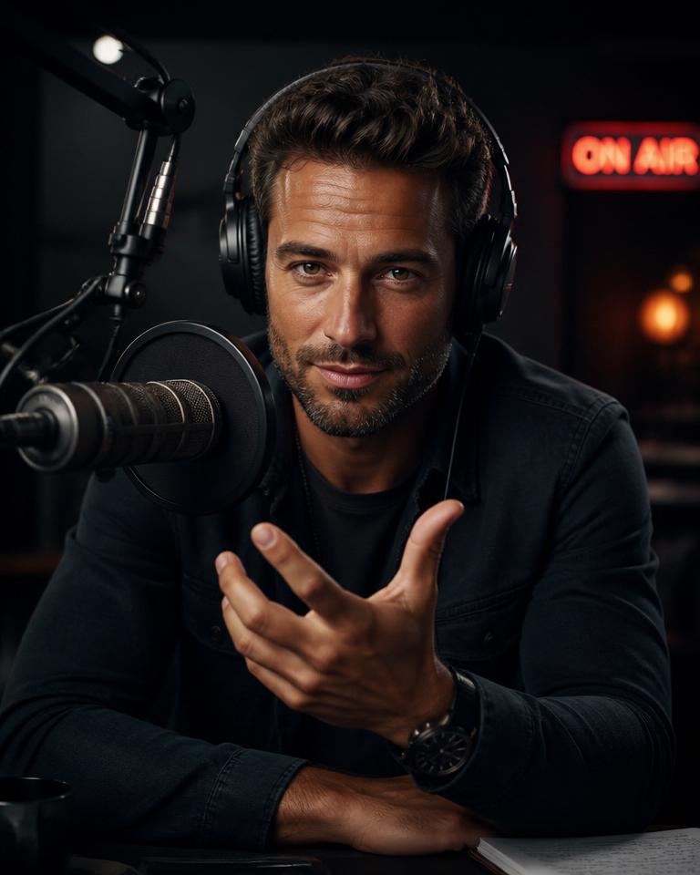 Apresentador de rádio ao microfone em estúdio